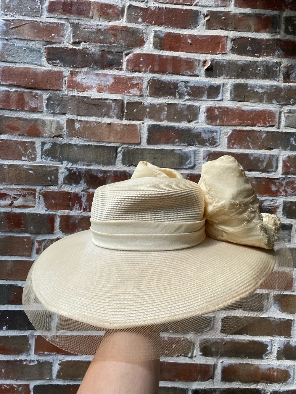 Vintage Jodi G for Sylvia Creamy Yellow Sun Hat with Ribbon Trim Kentucky Derby